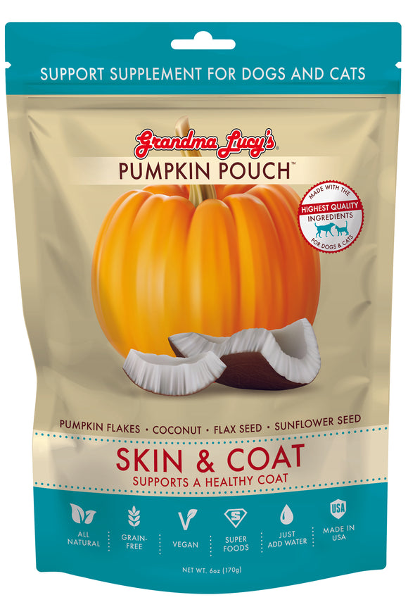 Grandma Lucy's Pumpkin Pouch Skin & Coat support supplement for dogs.